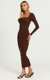 Lucy Midi Dress - Ribbed Side Ruched Bodycon Dress in Espresso